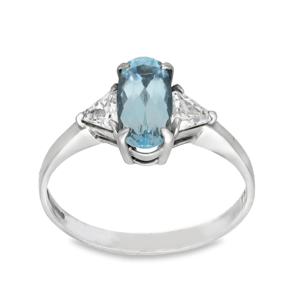9ct White Gold Oval-Cut Blue Topaz & Cubic Zirconia Trilogy Ring