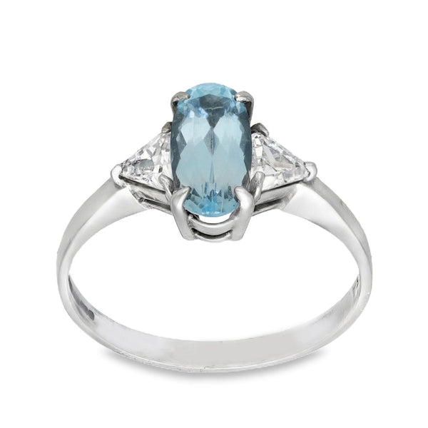 9ct White Gold Oval-Cut Blue Topaz & Cubic Zirconia Trilogy Ring