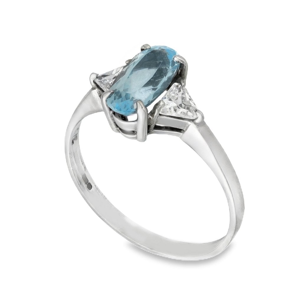 9ct White Gold Oval-Cut Blue Topaz & Cubic Zirconia Trilogy Ring
