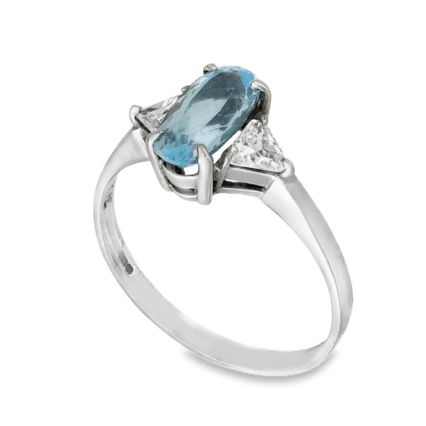 9ct White Gold Oval-Cut Blue Topaz & Cubic Zirconia Trilogy Ring