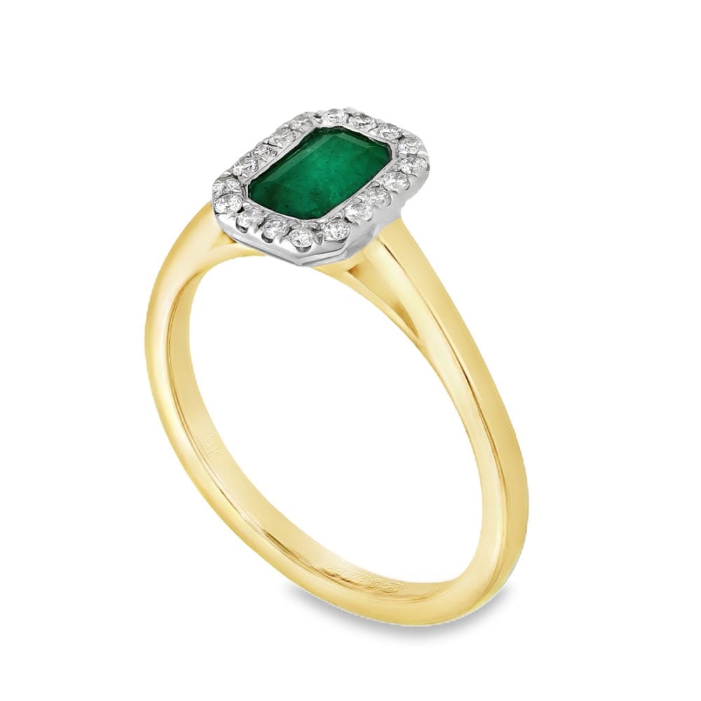 9ct Yellow Gold Emerald & Diamond Cluster Ring - Size J - 0.11ct