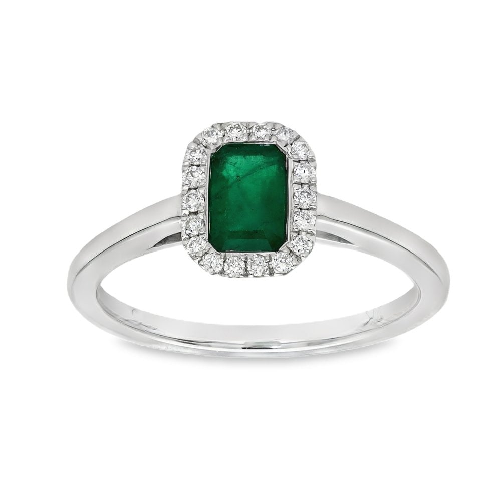 9ct White Gold Emerald & Diamond Cluster Ring - Size M - 0.11ct