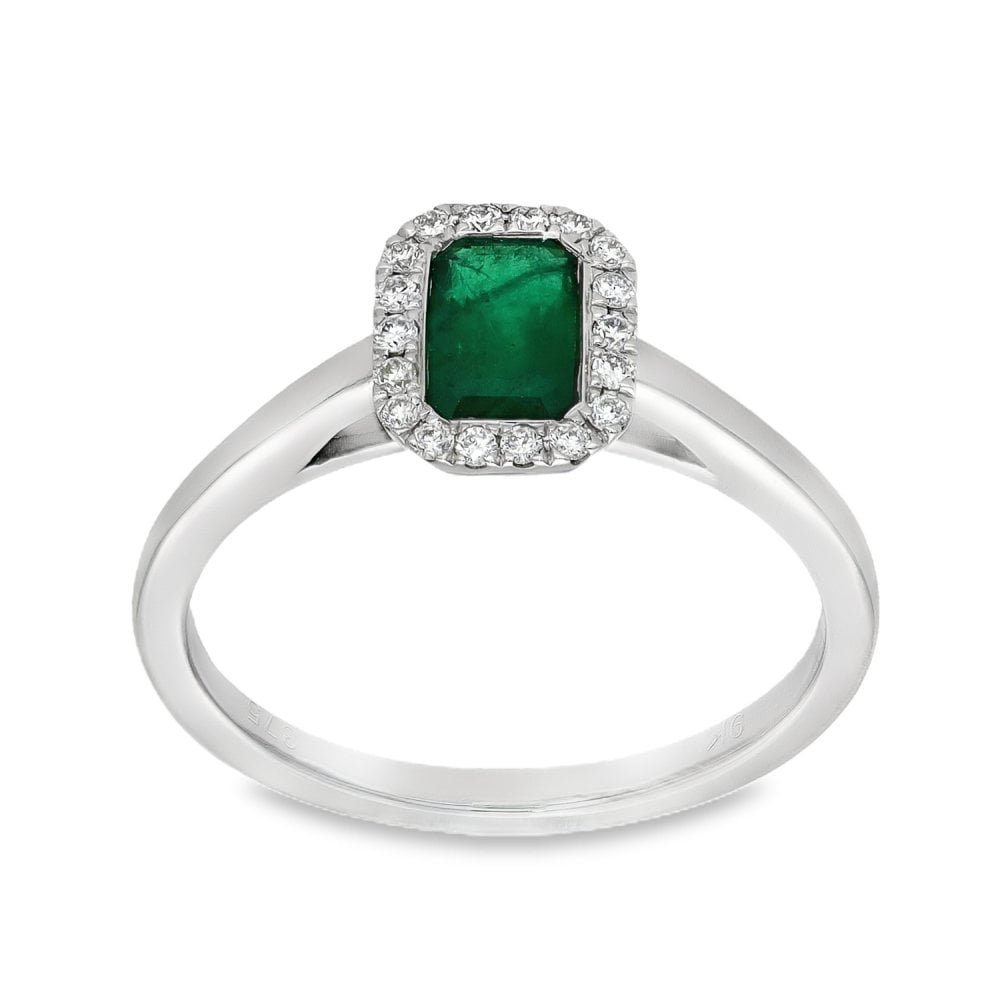 9ct White Gold Emerald & Diamond Cluster Ring - Size M - 0.11ct