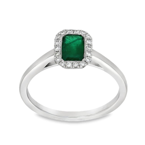 9ct White Gold Emerald & Diamond Cluster Ring - Size M - 0.11ct