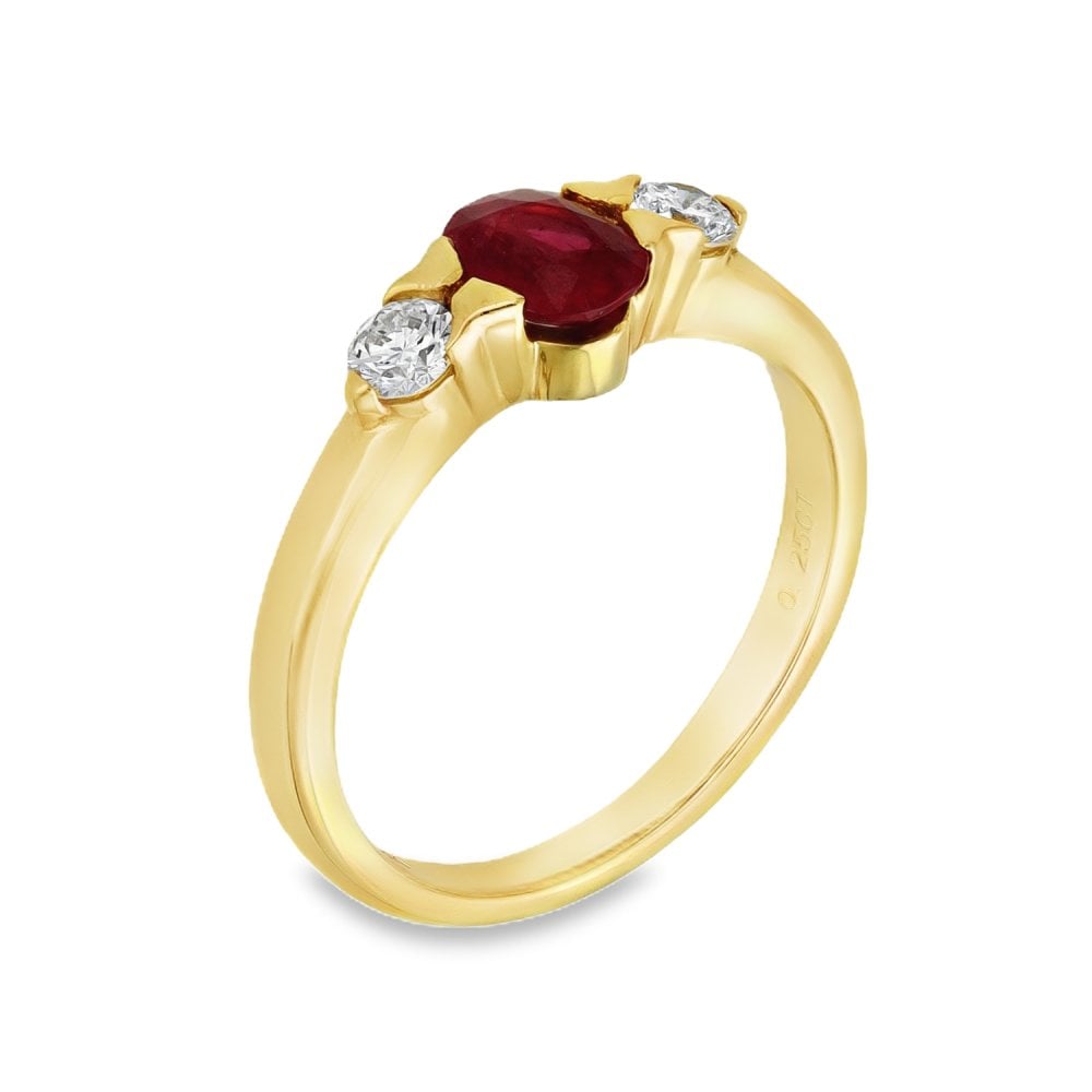 18ct Yellow Gold Ruby & Diamond Trilogy Ring - Size M - 0.66ct