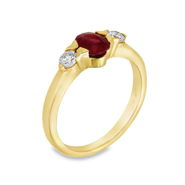 18ct Yellow Gold Ruby & Diamond Trilogy Ring - Size M - 0.66ct