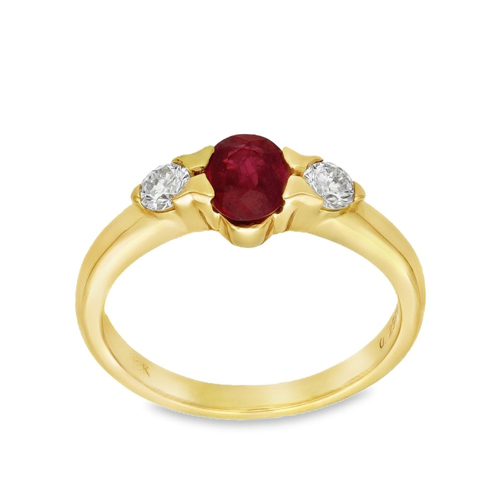 18ct Yellow Gold Ruby & Diamond Trilogy Ring - Size M - 0.66ct