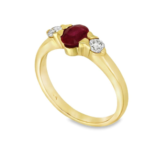 18ct Yellow Gold Ruby & Diamond Trilogy Ring - Size M - 0.66ct