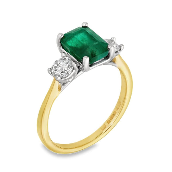18ct Yellow Gold Emerald & Diamond Trilogy Ring - Size L -1.70ct