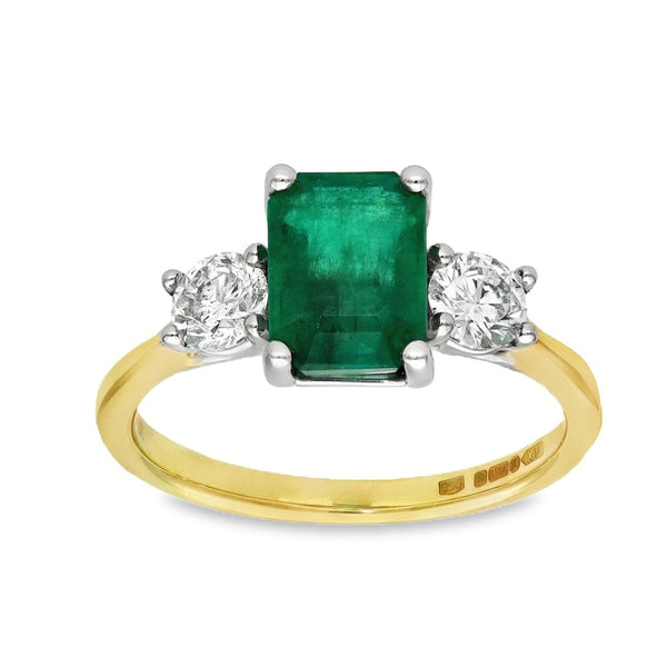 18ct Yellow Gold Emerald & Diamond Trilogy Ring - Size L -1.70ct
