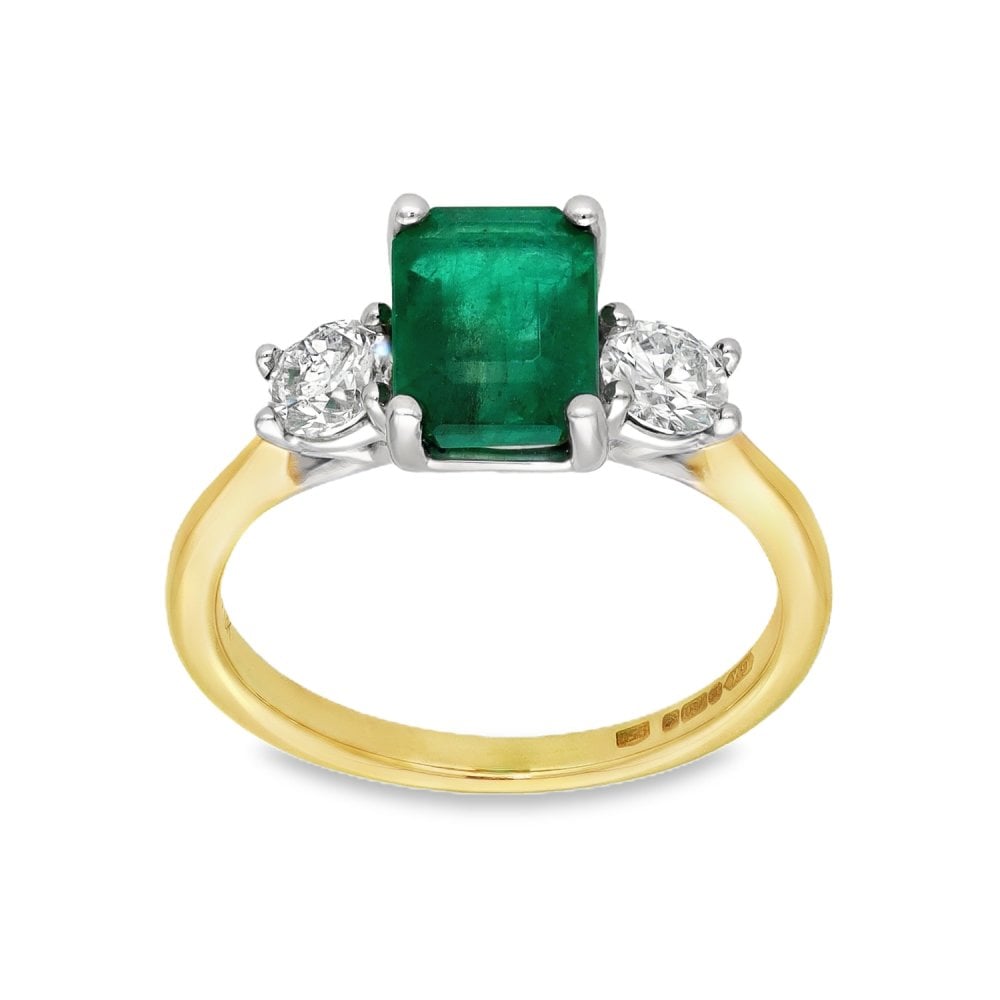 18ct Yellow Gold Emerald & Diamond Trilogy Ring - Size L -1.70ct