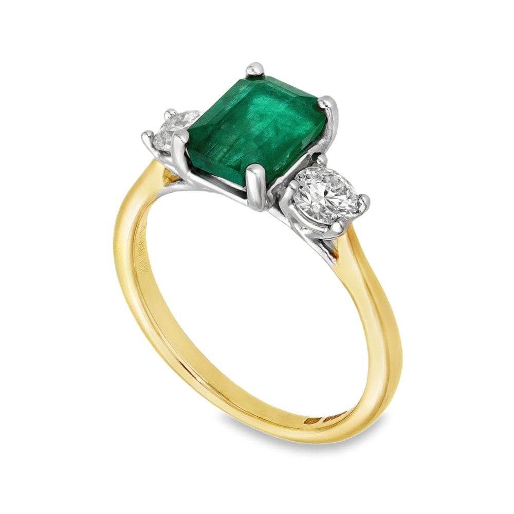 18ct Yellow Gold Emerald & Diamond Trilogy Ring - Size L -1.70ct