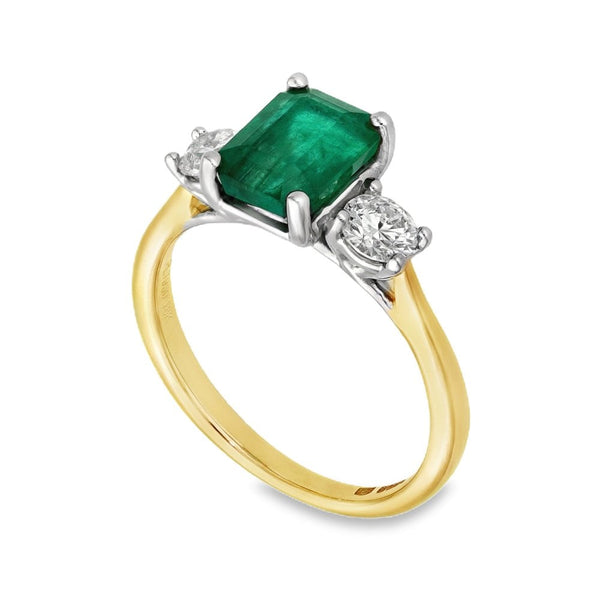 18ct Yellow Gold Emerald & Diamond Trilogy Ring - Size L -1.70ct