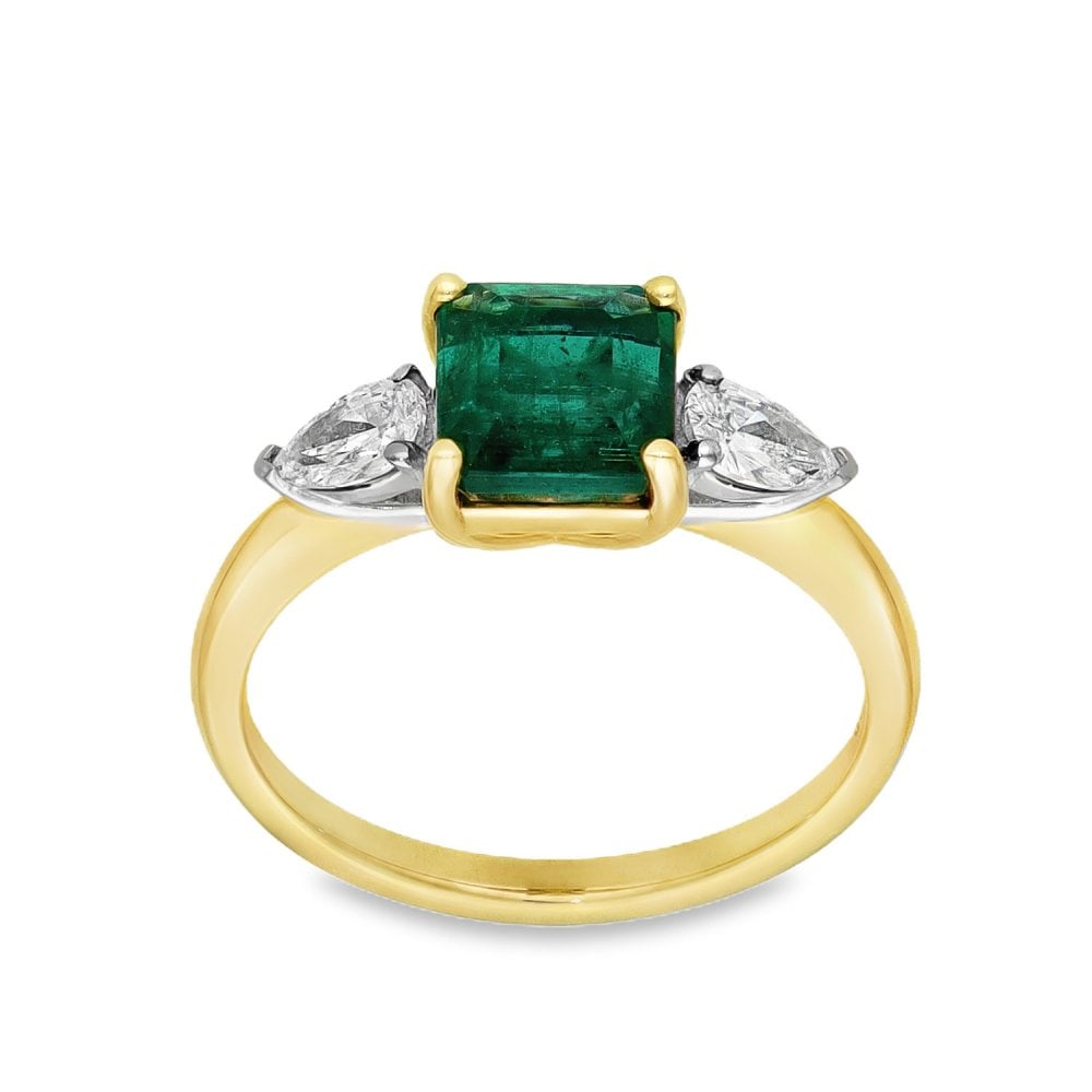 18ct Yellow Gold Emerald & Diamond Trilogy Ring - 1.48ct