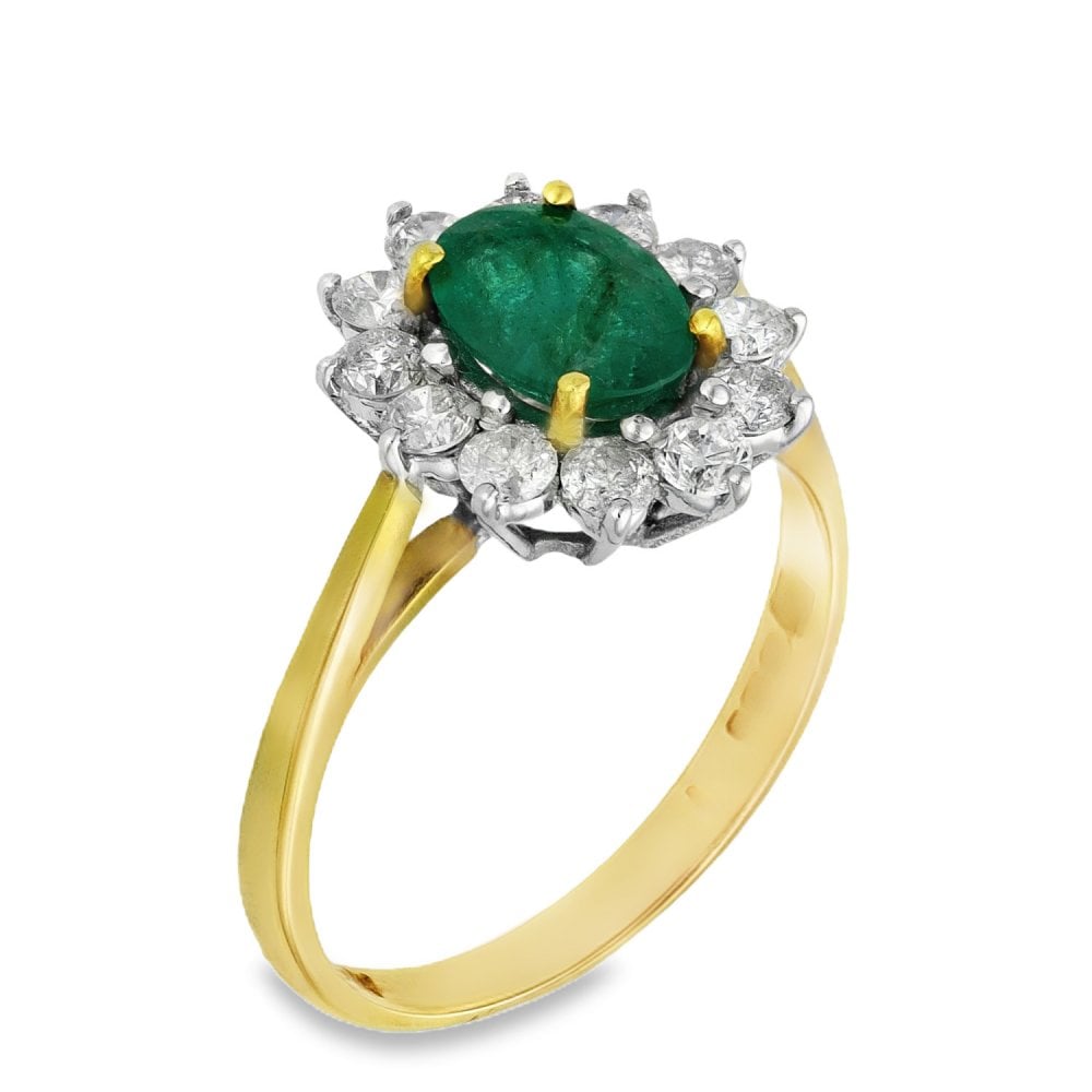 18ct Yellow Gold Emerald & Diamond Cluster Ring - Size O -0.75ct