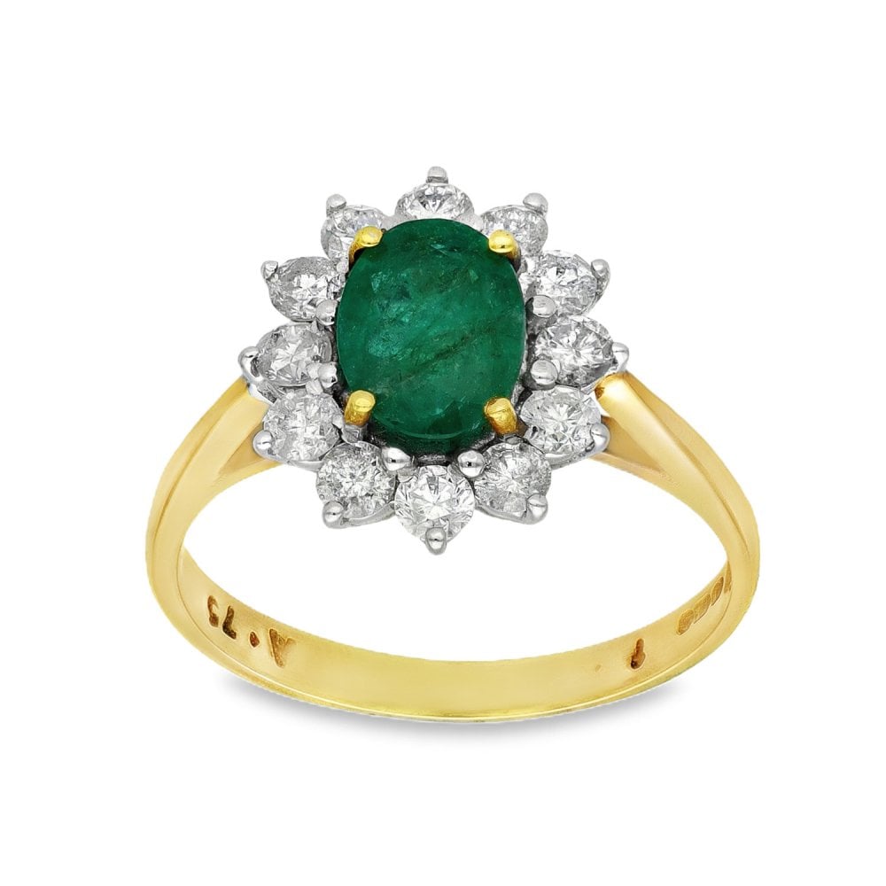 18ct Yellow Gold Emerald & Diamond Cluster Ring - Size O -0.75ct
