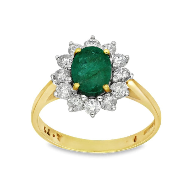 18ct Yellow Gold Emerald & Diamond Cluster Ring - Size O -0.75ct
