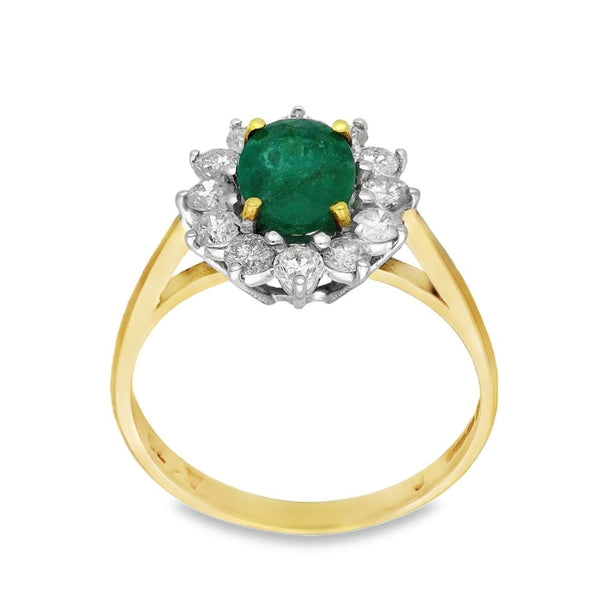 18ct Yellow Gold Emerald & Diamond Cluster Ring - Size O -0.75ct