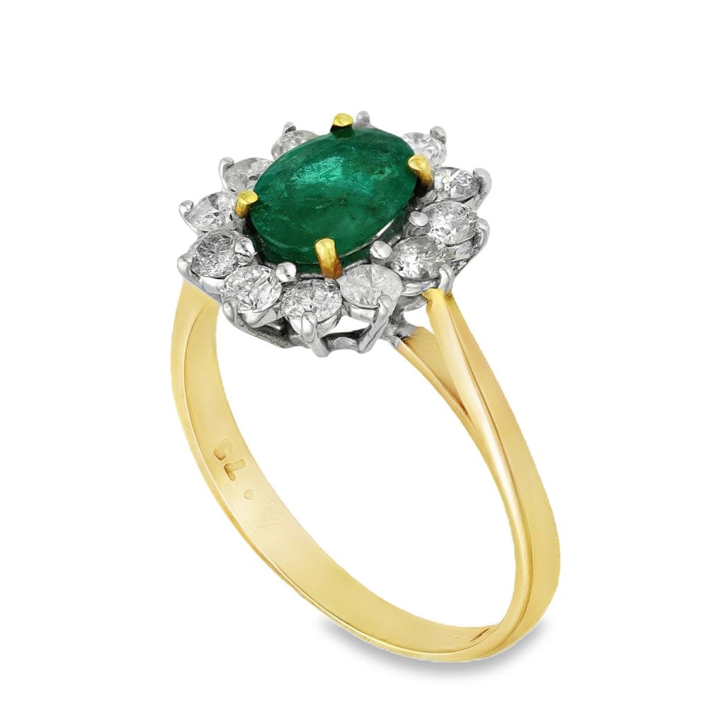 18ct Yellow Gold Emerald & Diamond Cluster Ring - Size O -0.75ct