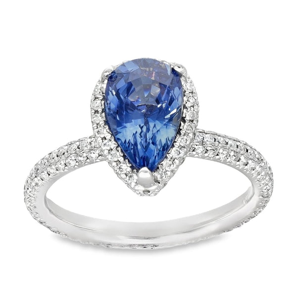 18ct White Gold Diamond & Ceylon Sapphire Ring - Size K - 2.00ct
