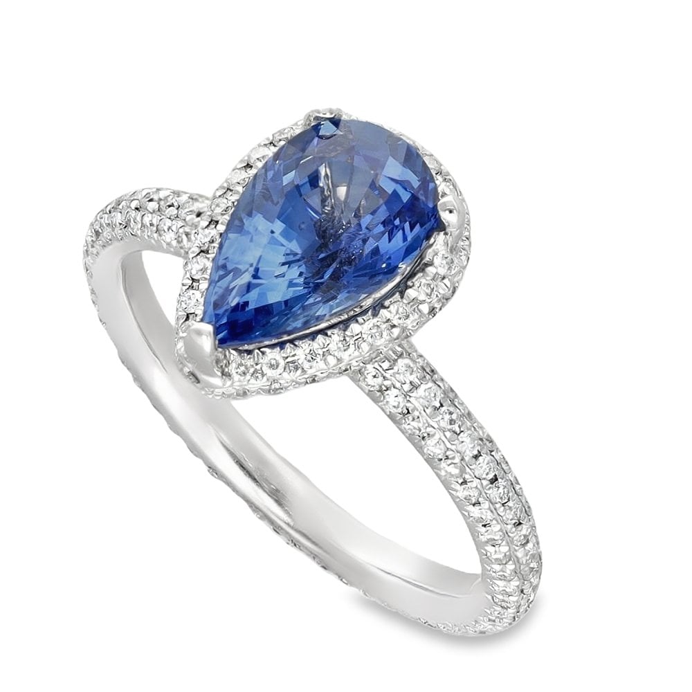 18ct White Gold Diamond & Ceylon Sapphire Ring - Size K - 2.00ct
