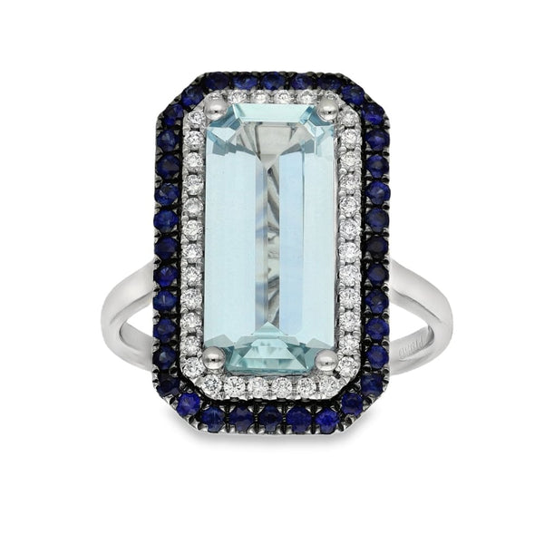 950 Platinum Aquamarine & Sapphire & Diamond Halo Ring - 3.17ct