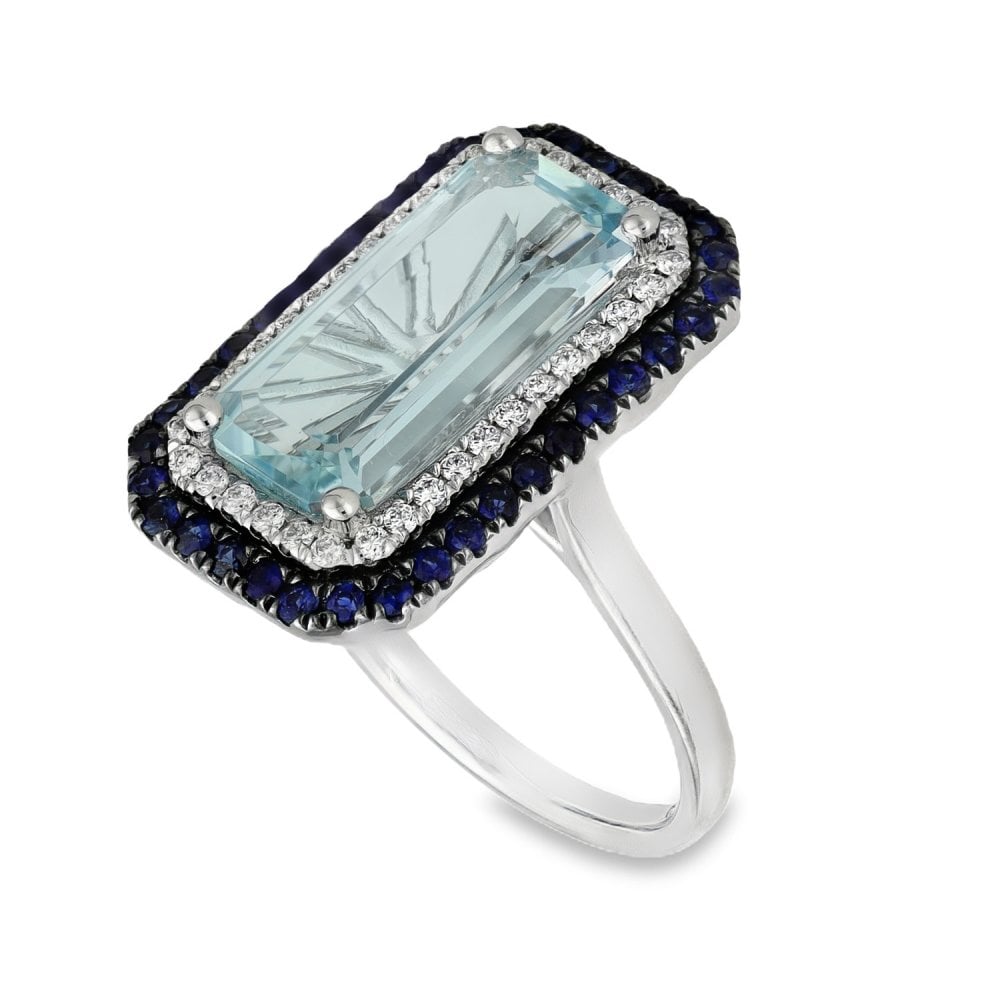 950 Platinum Aquamarine & Sapphire & Diamond Halo Ring - 3.17ct