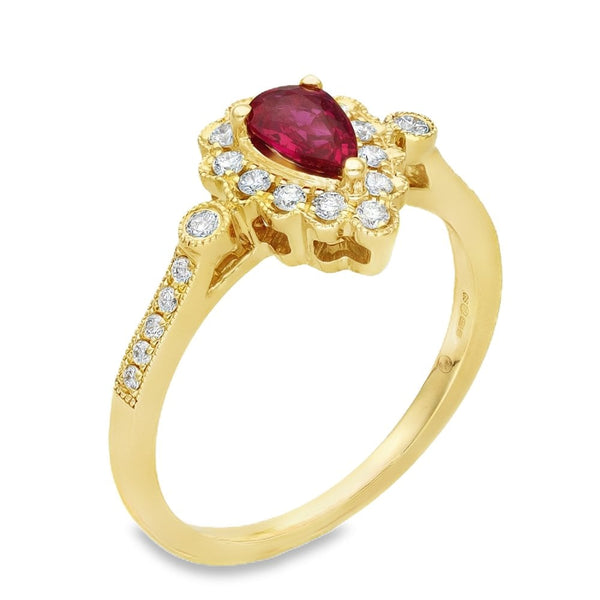 9ct Yellow Gold Ruby & Diamond Cluster Ring - Size M - 0.25ct