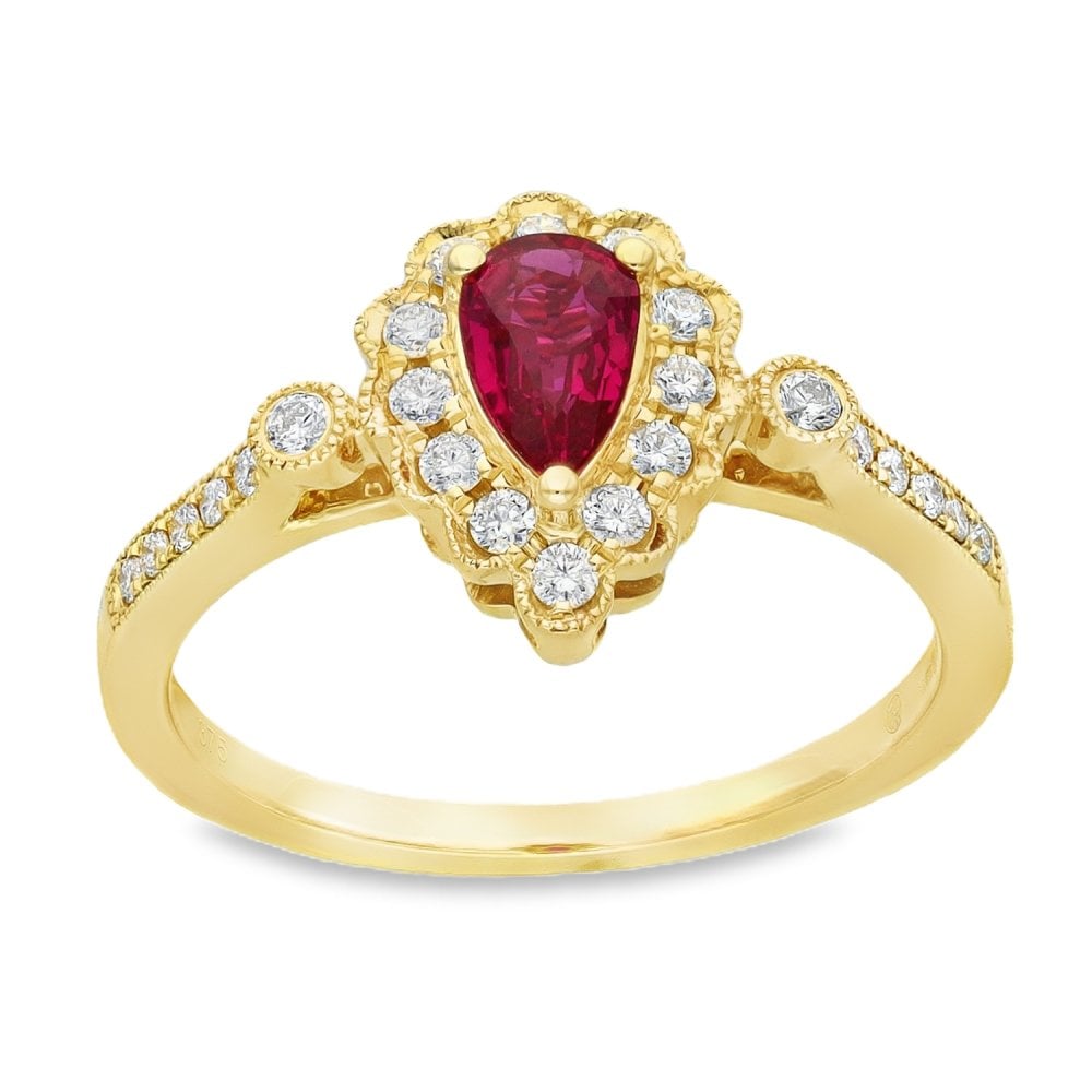 9ct Yellow Gold Ruby & Diamond Cluster Ring - Size M - 0.25ct