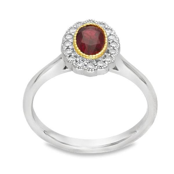 950 Platinum Oval Ruby & Diamond Cluster Ring - Size M - 0.20ct