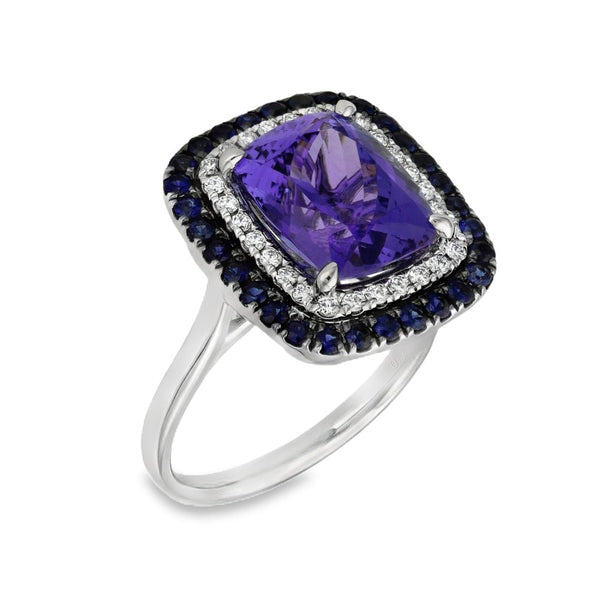 950 Platinum Diamond Set Tanzanite & Sapphire Cluster Ring