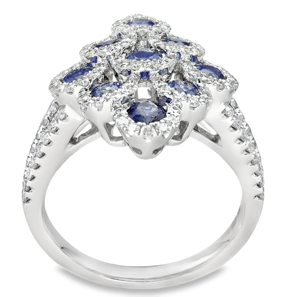 18ct White Gold Sapphire & Diamond Cluster Ring - Size M -1.78ct