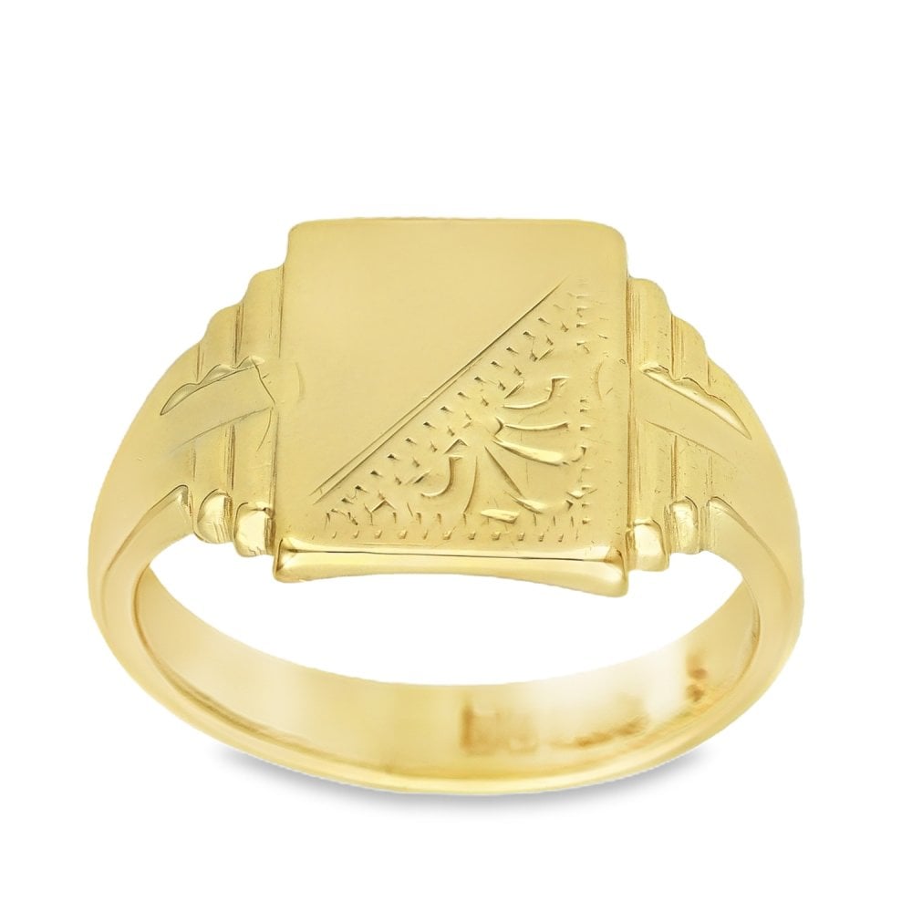 9ct Yellow Gold Half-Engraved Signet Ring - Size R½ - 13mm
