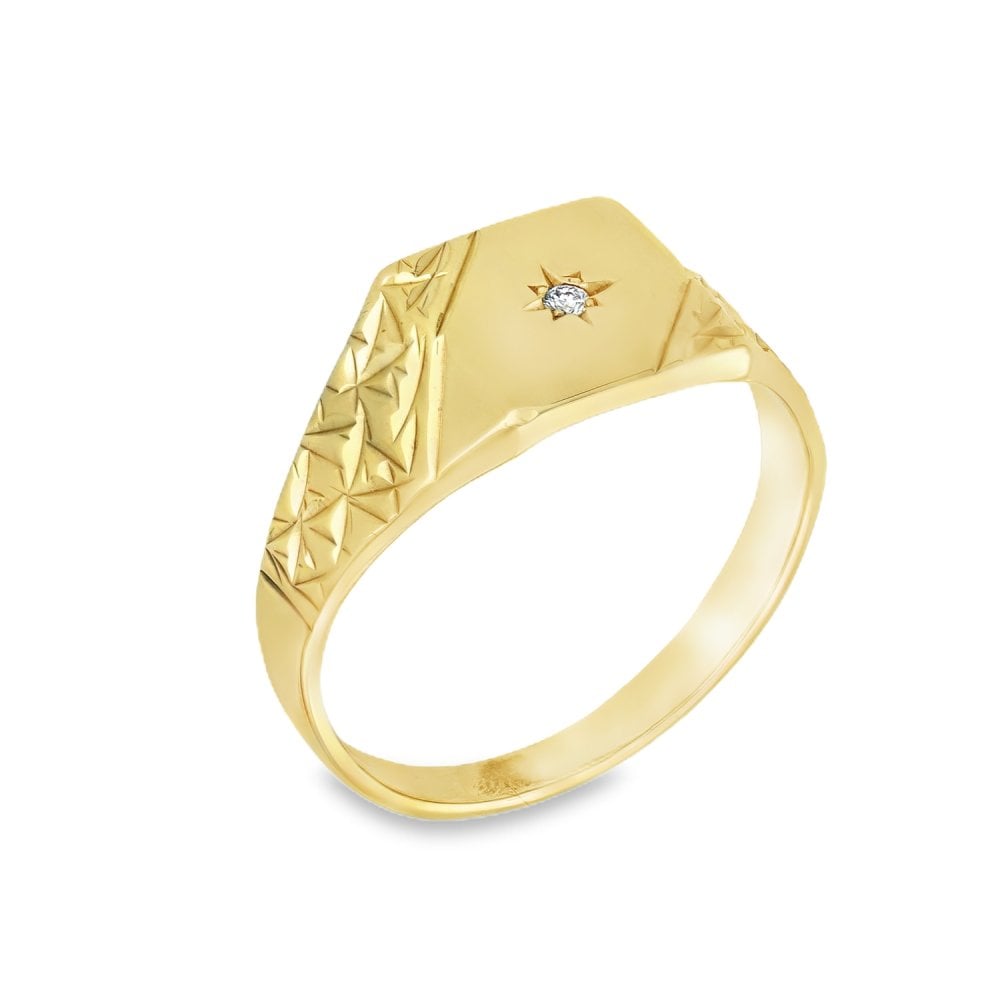 9ct Yellow Gold Diamond Signet Ring - Size U - 10mm