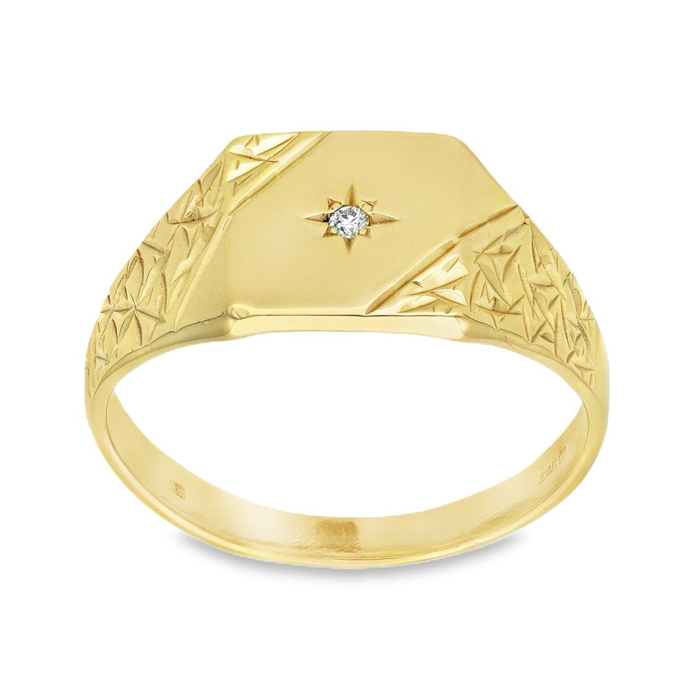 9ct Yellow Gold Diamond Signet Ring - Size U - 10mm