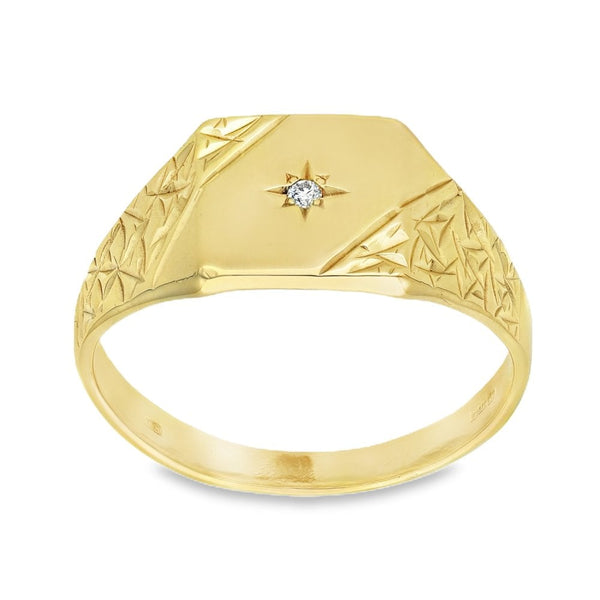 9ct Yellow Gold Diamond Signet Ring - Size U - 10mm