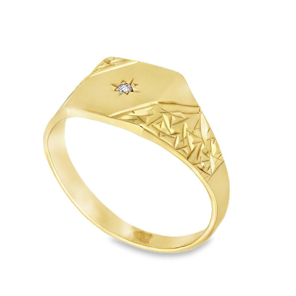 9ct Yellow Gold Diamond Signet Ring - Size U - 10mm