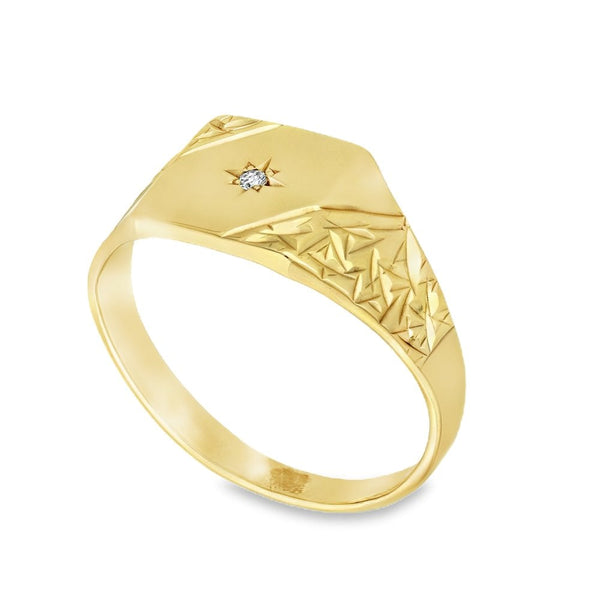 9ct Yellow Gold Diamond Signet Ring - Size U - 10mm