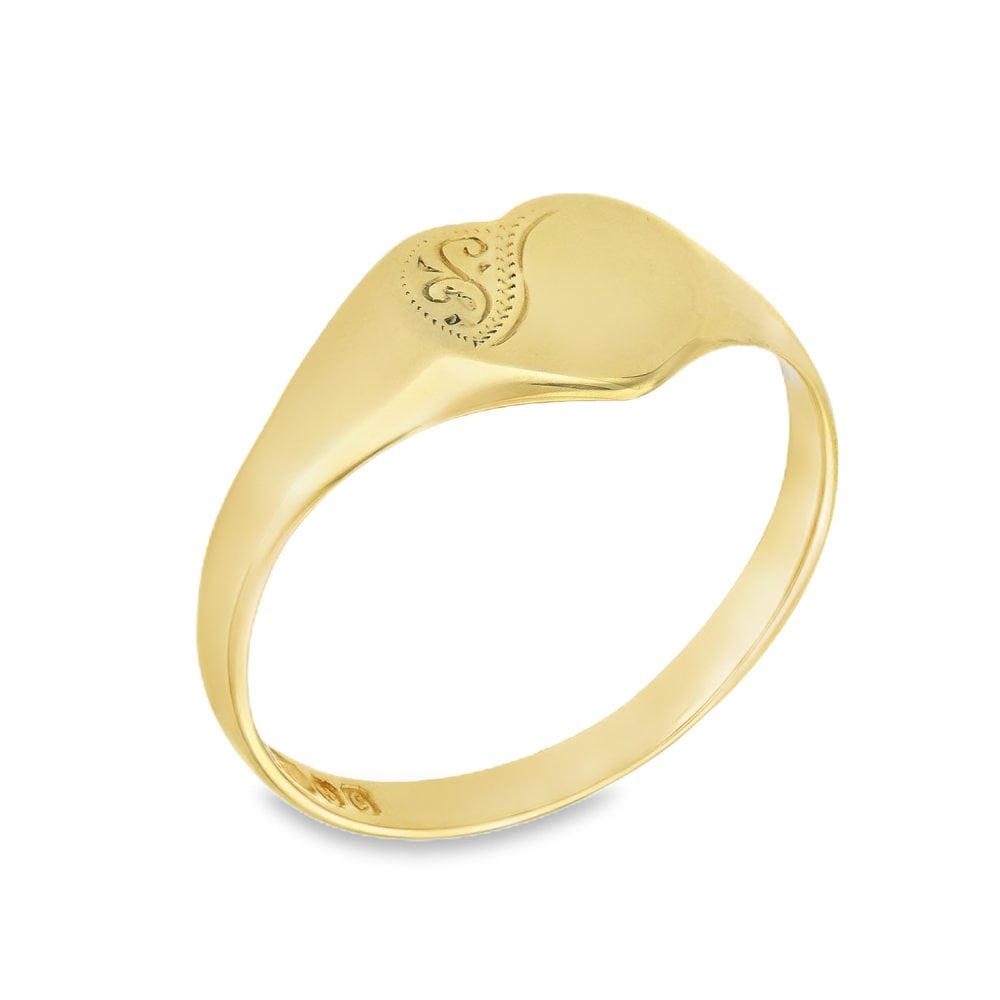 9ct Yellow Gold Engraved Heart Signet Ring - Size Q - 9mm