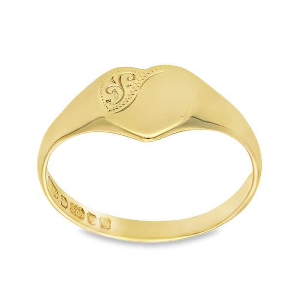 9ct Yellow Gold Engraved Heart Signet Ring - Size Q - 9mm