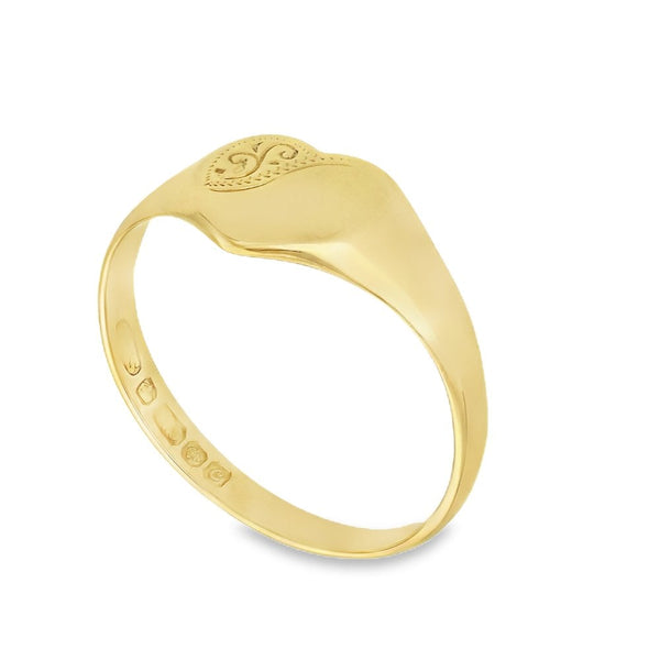 9ct Yellow Gold Engraved Heart Signet Ring - Size Q - 9mm