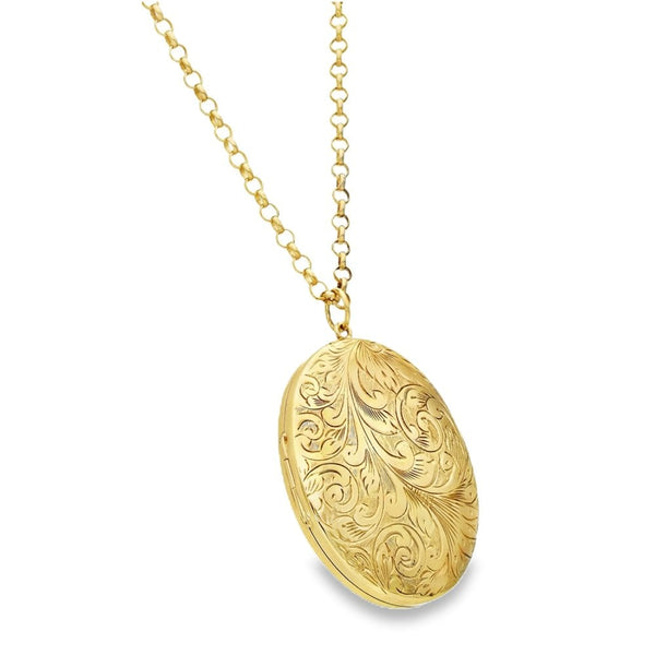 9ct Yellow Gold Engraved Locket & Chain - 44x57x13mm - 30.g