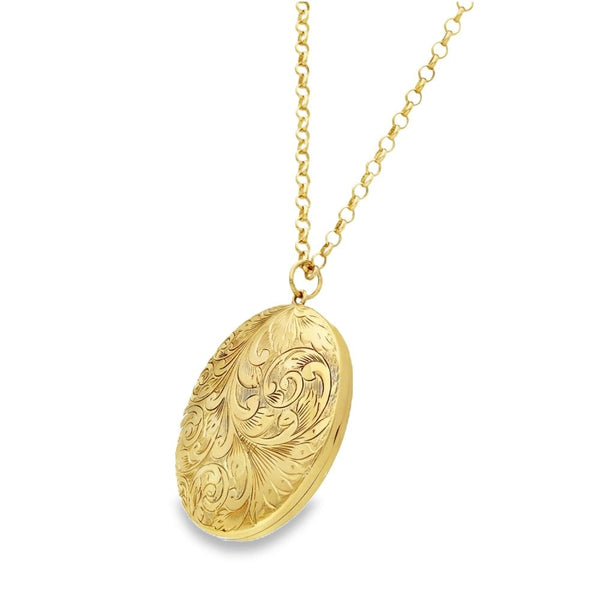 9ct Yellow Gold Engraved Locket & Chain - 44x57x13mm - 30.g