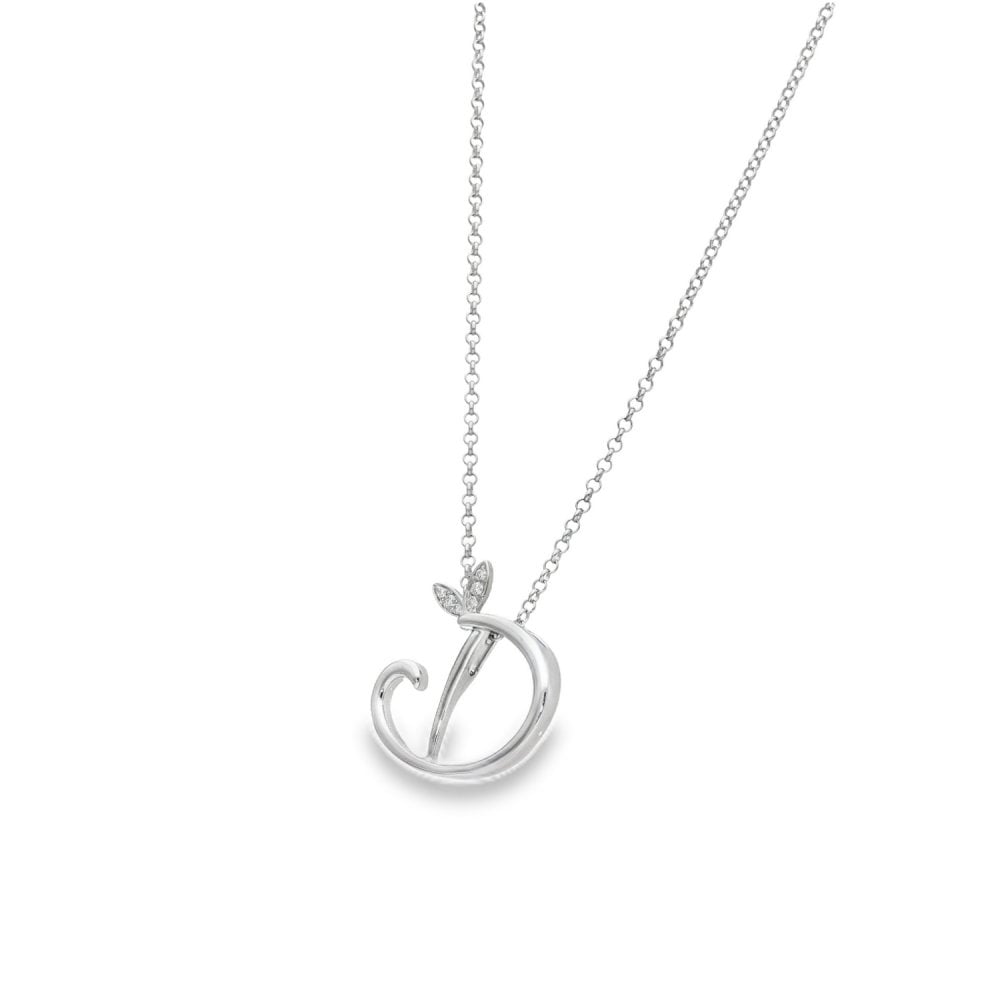 9ct White Gold Diamond Initial D Butterfly Pendant & Necklace