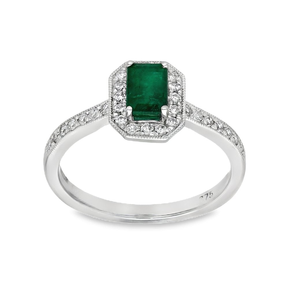 9ct White Gold Diamond & Emerald Cluster Ring - Size M - 0.26ct