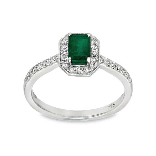 9ct White Gold Diamond & Emerald Cluster Ring - Size M - 0.26ct