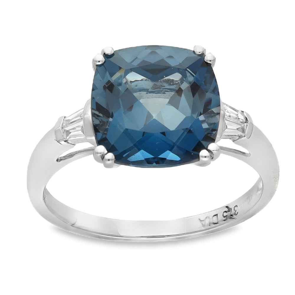 9ct White Gold London Blue Topaz & Diamond Ring - 0.08ct