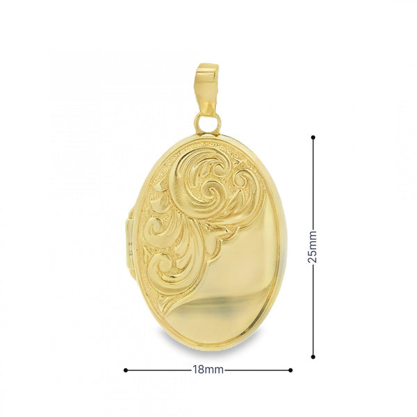 9ct Yellow Gold Feather Engraved Locket - 18x25x4mm - 3.0g