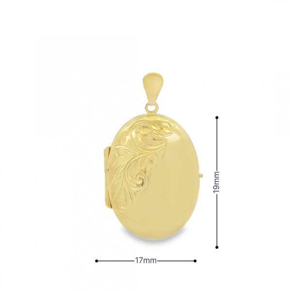9ct Yellow Gold Feather Engraved Locket - 17x19x5mm - 2.9g
