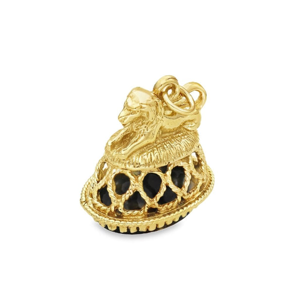 9ct Yellow Gold Onyx Lion Fob Charm - 8.1g